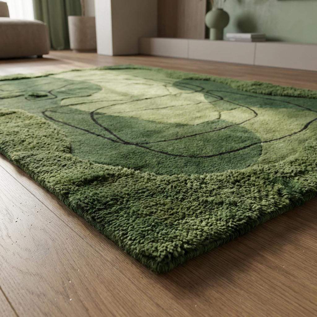Hand Tufted Moss Green Abstract Area Rug Modern Line Art Carpet