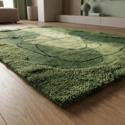 Hand Tufted Moss Green Abstract Area Rug Modern Line Art Carpet