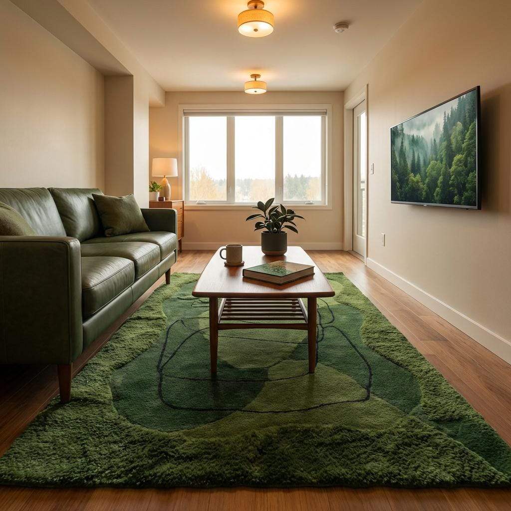 Modern interior décor featuring green abstract hand tufted area rug