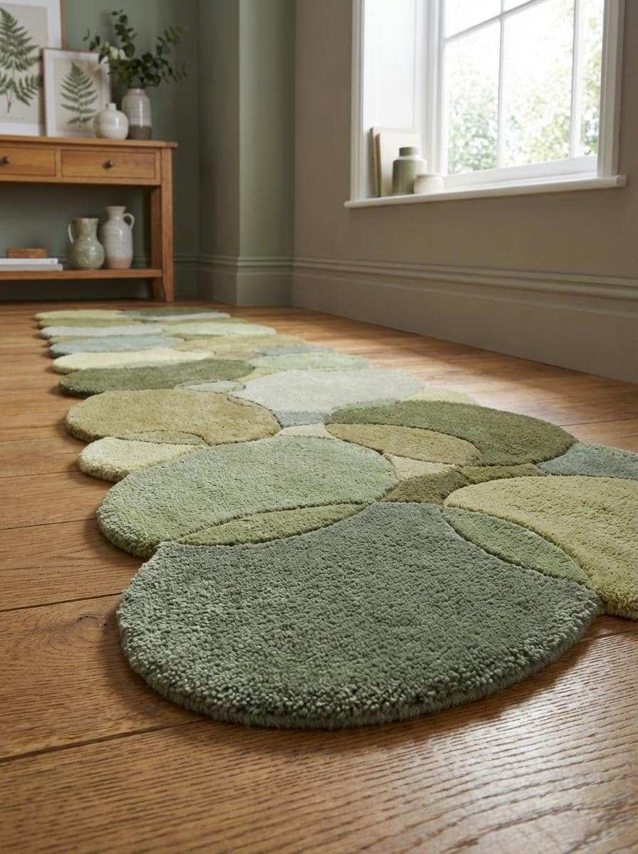 Hand Tufted Moss Green Pebble Runner Rug Organic Wool Hallway Rug