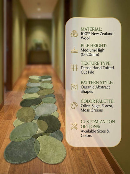 Hand Tufted Moss Green Pebble Runner Rug Organic Wool Hallway Rug