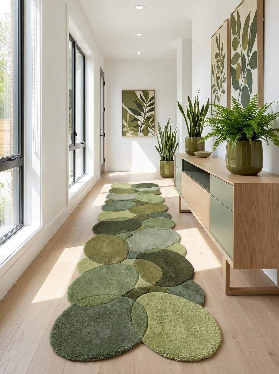 Nature inspired green hallway runner rug styled with indoor plants and natural sunlight