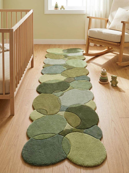 Biophilic design moss green tufted runner rug with sculpted organic stone pattern