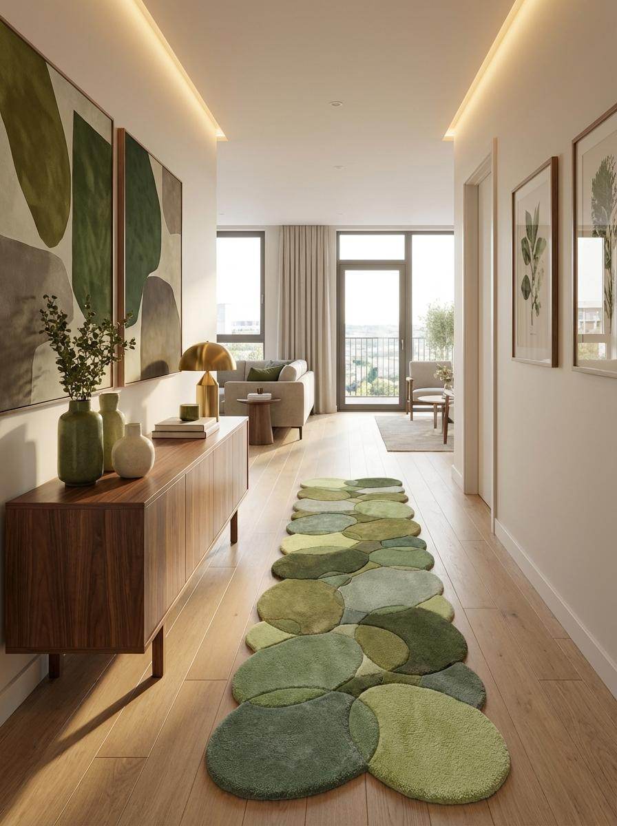 Hand Tufted Moss Green Pebble Runner Rug Organic Wool Hallway Rug