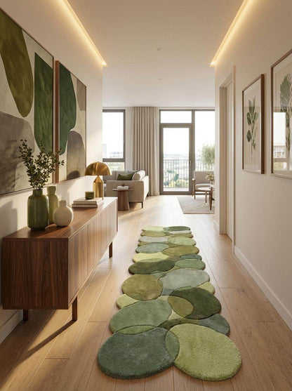 Hand Tufted Moss Green Pebble Runner Rug Organic Wool Hallway Rug