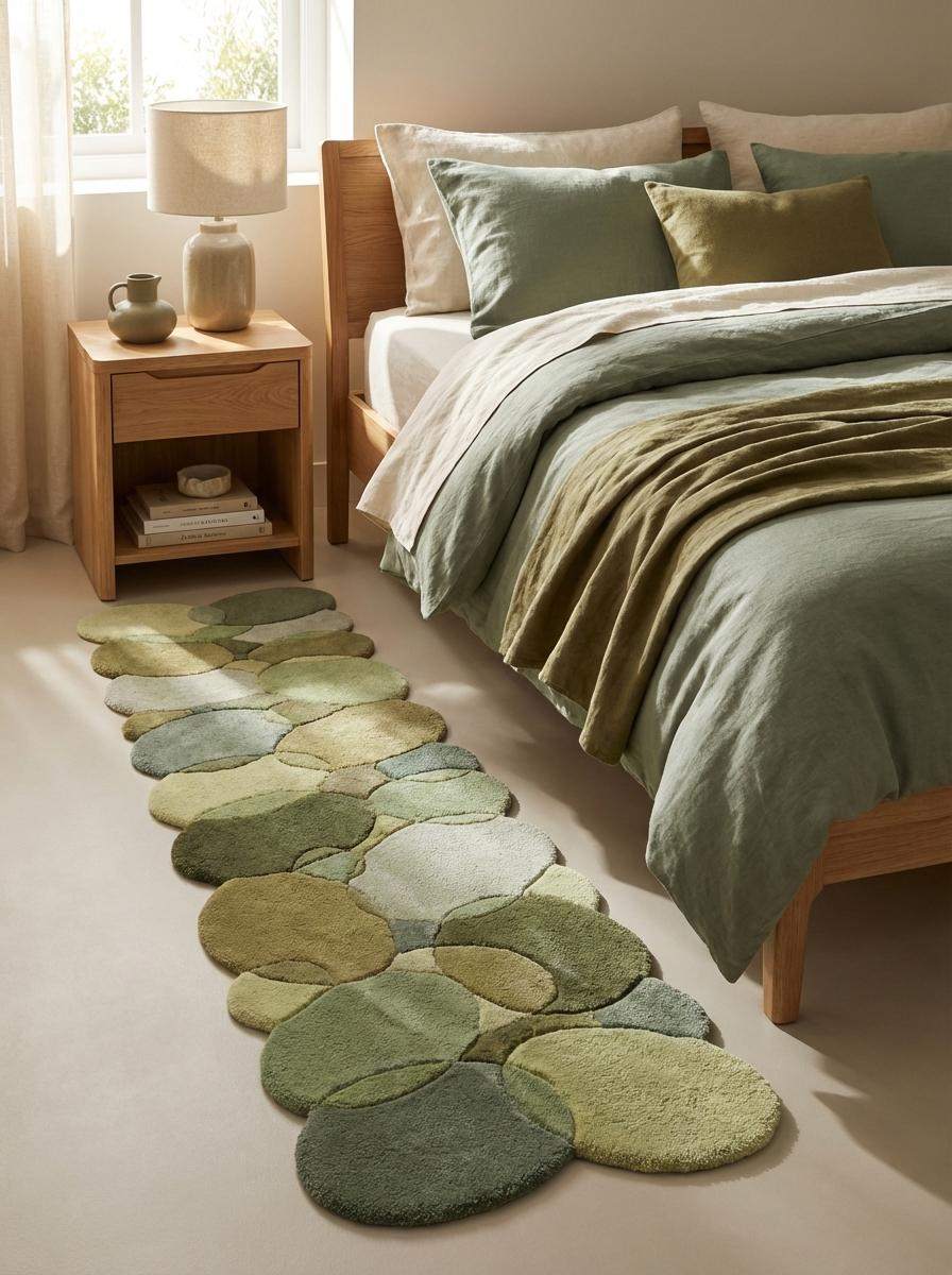 Hand Tufted Moss Green Pebble Runner Rug Organic Wool Hallway Rug
