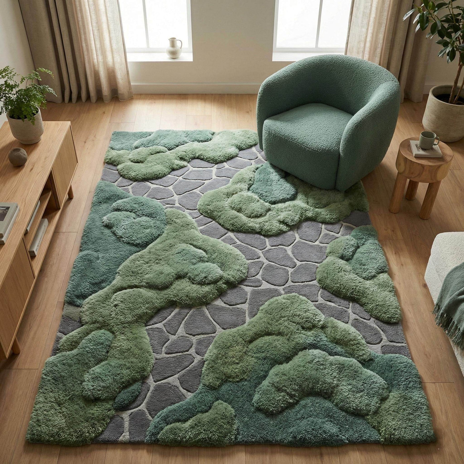 Hand tufted moss rug with organic textured high-low pile in moss green for modern home decor