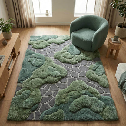 Hand tufted moss rug with organic textured high-low pile in moss green for modern home decor