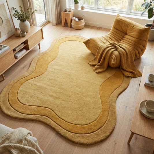 Hand tufted mustard abstract rug with irregular wool design for modern Scandinavian living room decor
