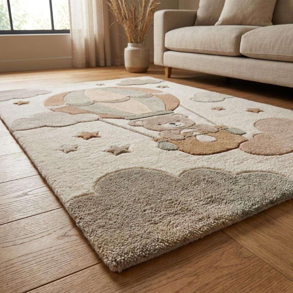 Hand Tufted Nursery Rug, Teddy Bear Balloon Carpet for Kids Room, Neutral Baby Room Decor Area Rug __etsy:8042249335