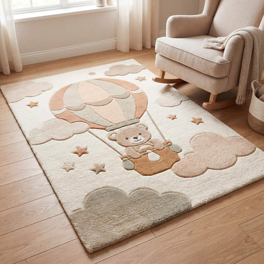 Hand tufted nursery rug with teddy bear hot air balloon design in neutral beige and ivory tones for modern baby room decor __etsy:8042248523