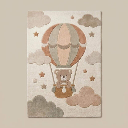 Neutral kids room area rug with cute teddy bear balloon artwork styled beside rocking chair in cozy nursery interior __etsy:7994312876