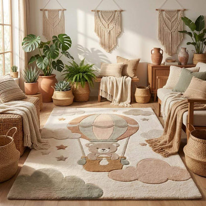 Scandinavian style baby room carpet with cloud and star pattern in calming ivory blush and sage green color palette __etsy:8042249337