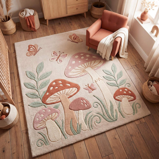 Hand tufted nursery rug with mushroom and butterfly woodland pattern in soft pastel colors for cozy kids bedroom decor __etsy:7988473704
