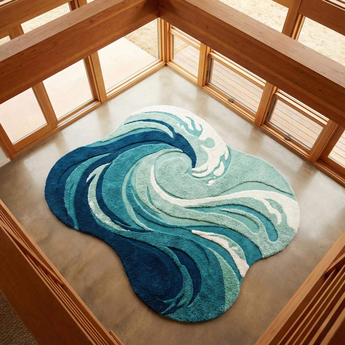 Hand tufted ocean wave rug with teal, navy, and white sculpted high-pile design for coastal decor