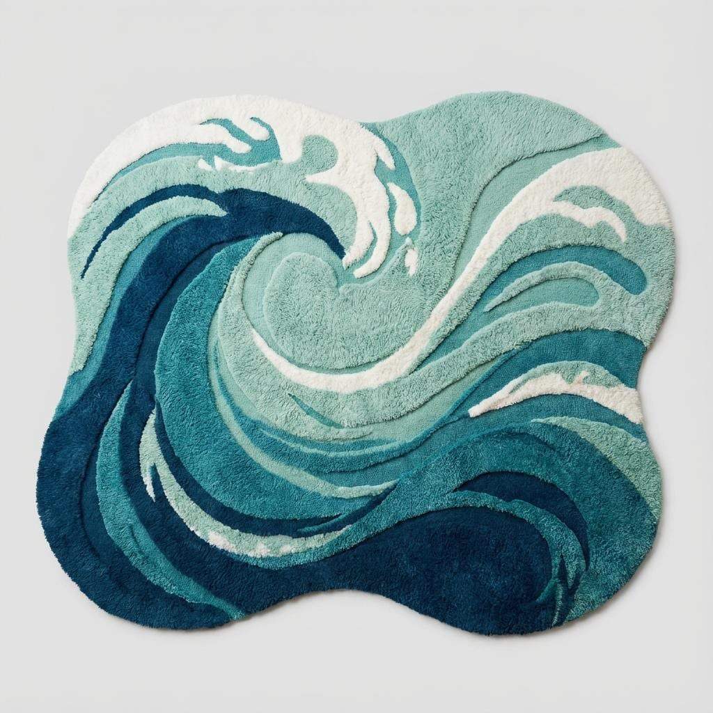 Teal and navy wave shaped rug, high-pile tufted texture with carved foam accents — statement accent rug for beach house, modern boho home decor.