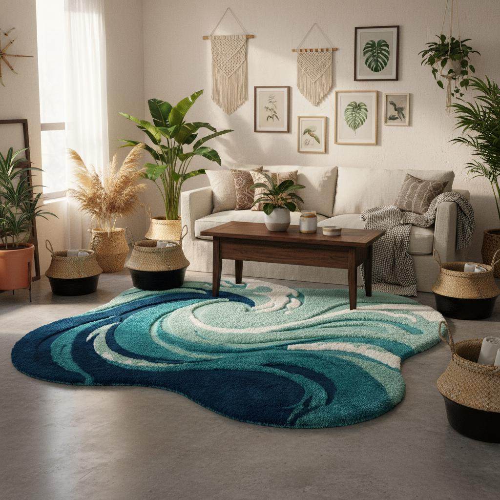 Irregular shaped teal area rug with ocean wave pattern, plush high-pile surface — perfect coastal accent for bedroom or living room