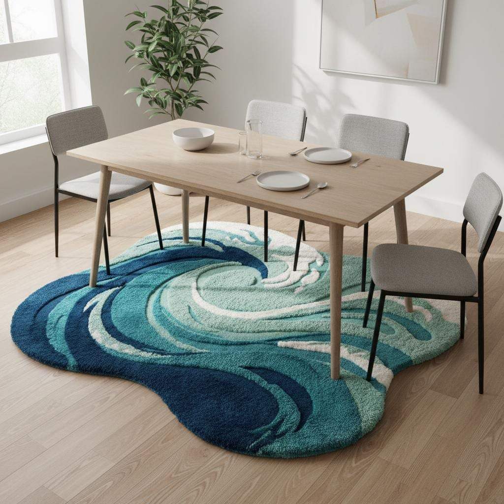 Hand Tufted Ocean Wave Rug – Teal & Navy Coastal Accent