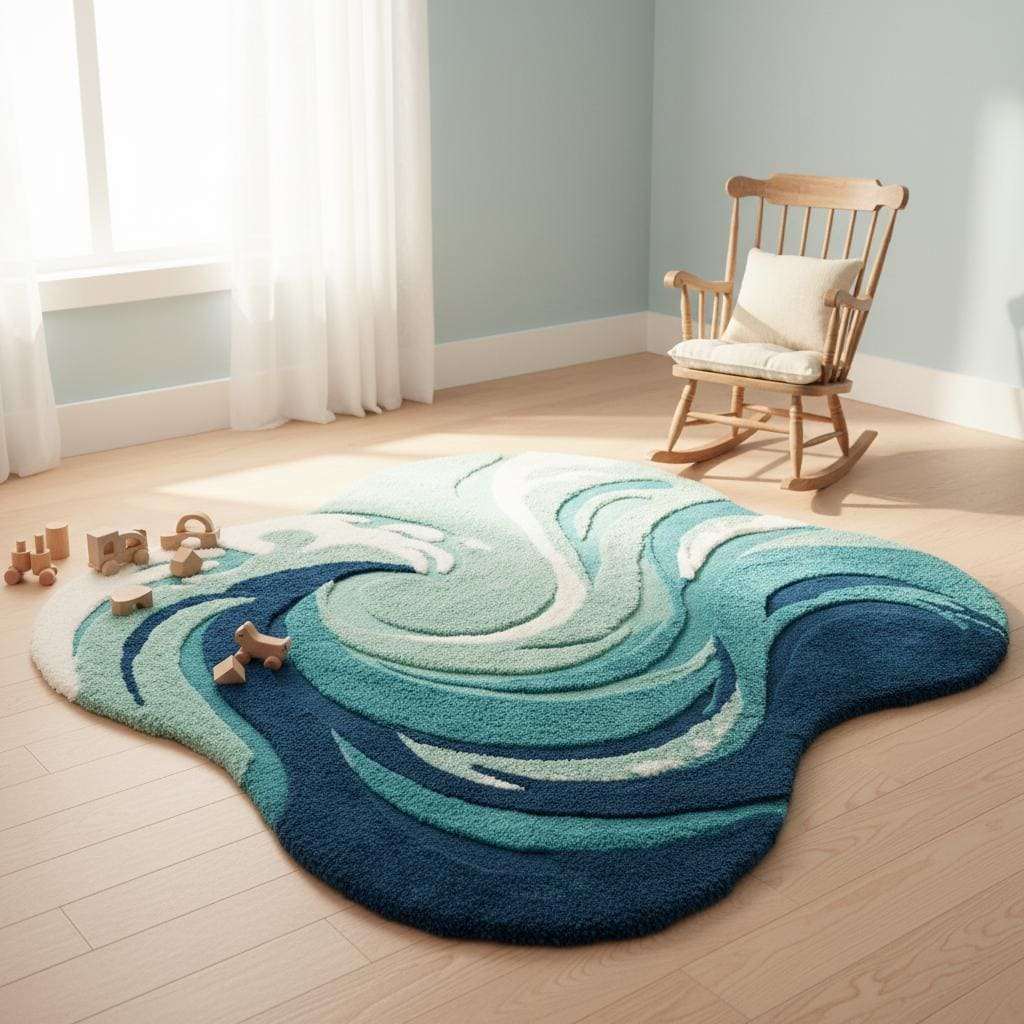 Hand Tufted Ocean Wave Rug – Teal & Navy Coastal Accent