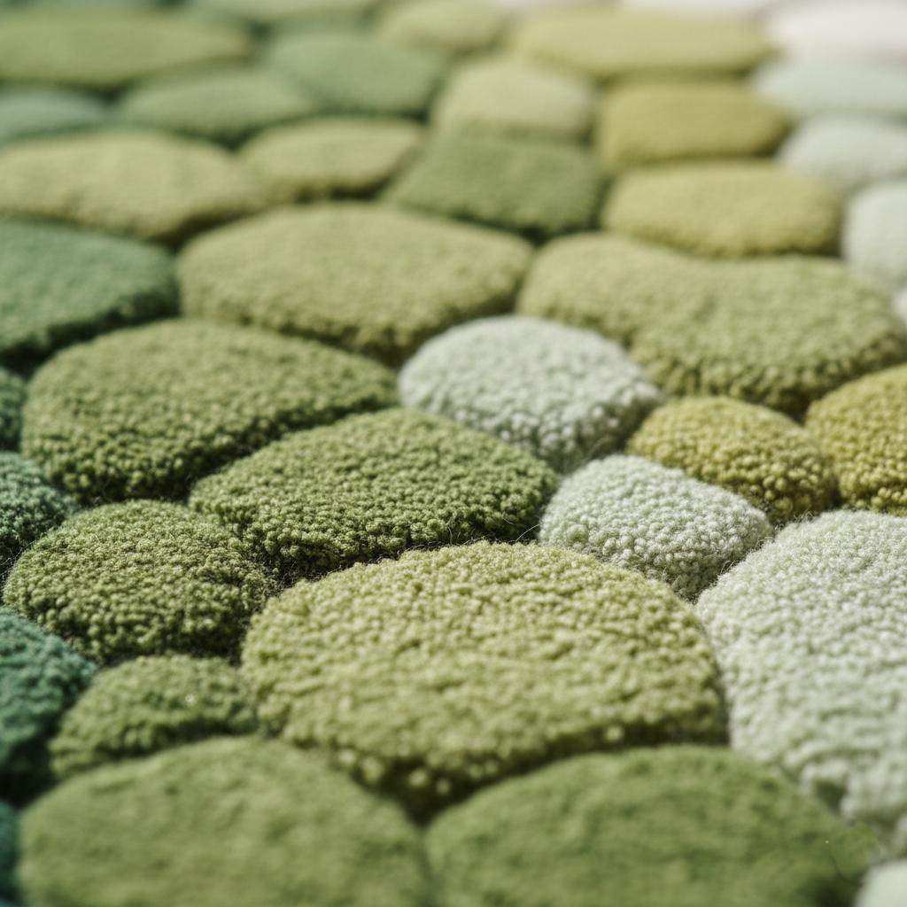 Hand-tufted pebble rug in green and teal with 3D textured stone design, soft and cozy for modern organic interiors