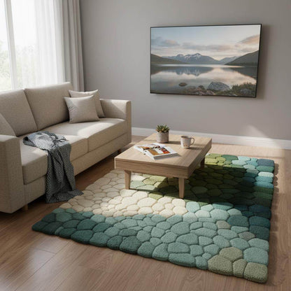 Hand-tufted pebble rug with green, teal, mint, and cream gradient texture