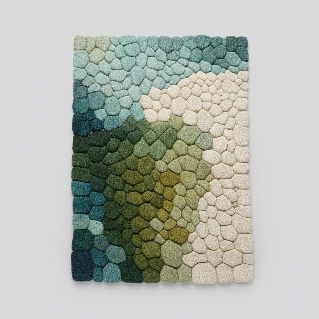 Hand-tufted pebble rug with green, teal, and cream gradient texture for modern organic home décor