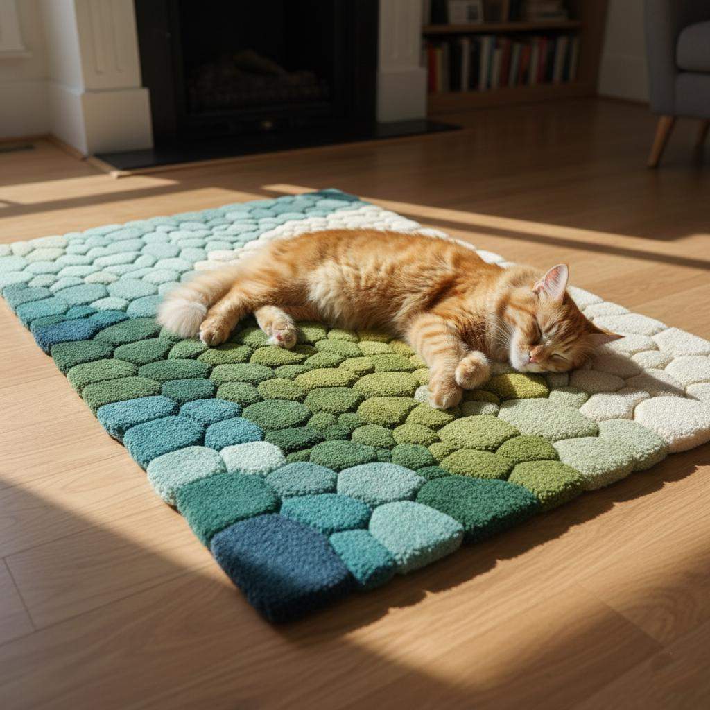 Hand-tufted pebble rug with green teal moss gradient and 3D textured stone design
