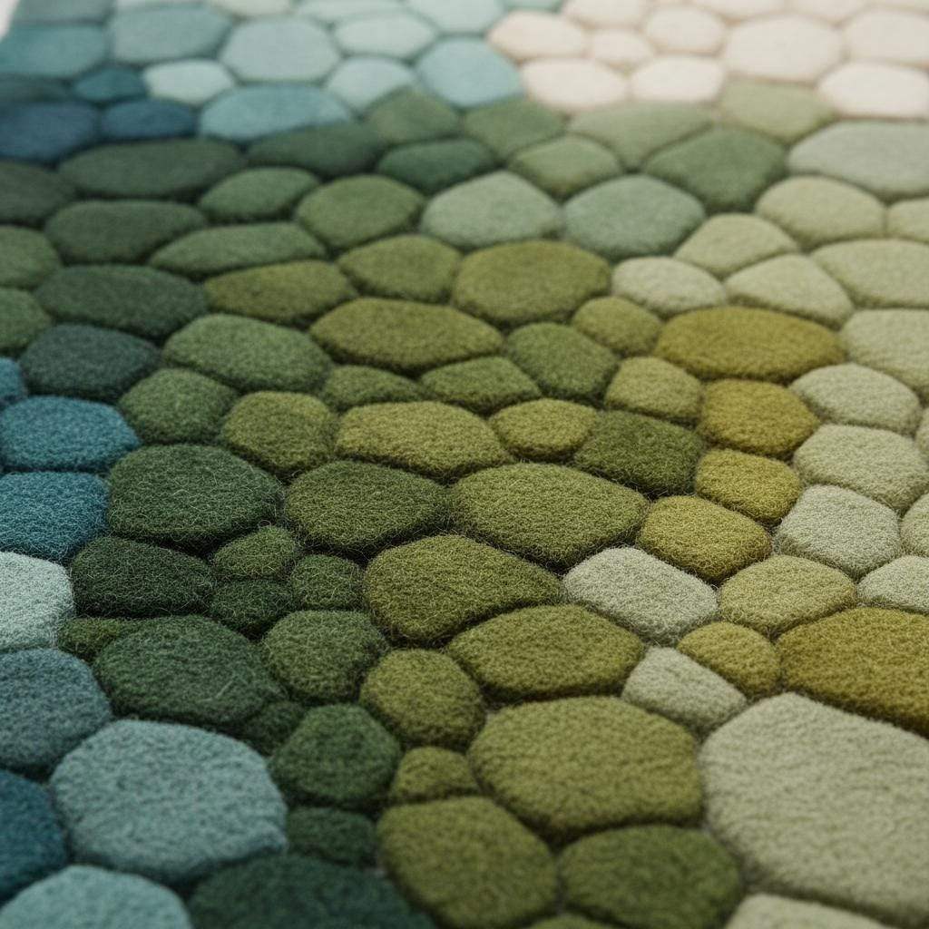 Hand-Tufted Pebble Rug with green and teal gradient, 3D pebble texture, soft and modern area rug