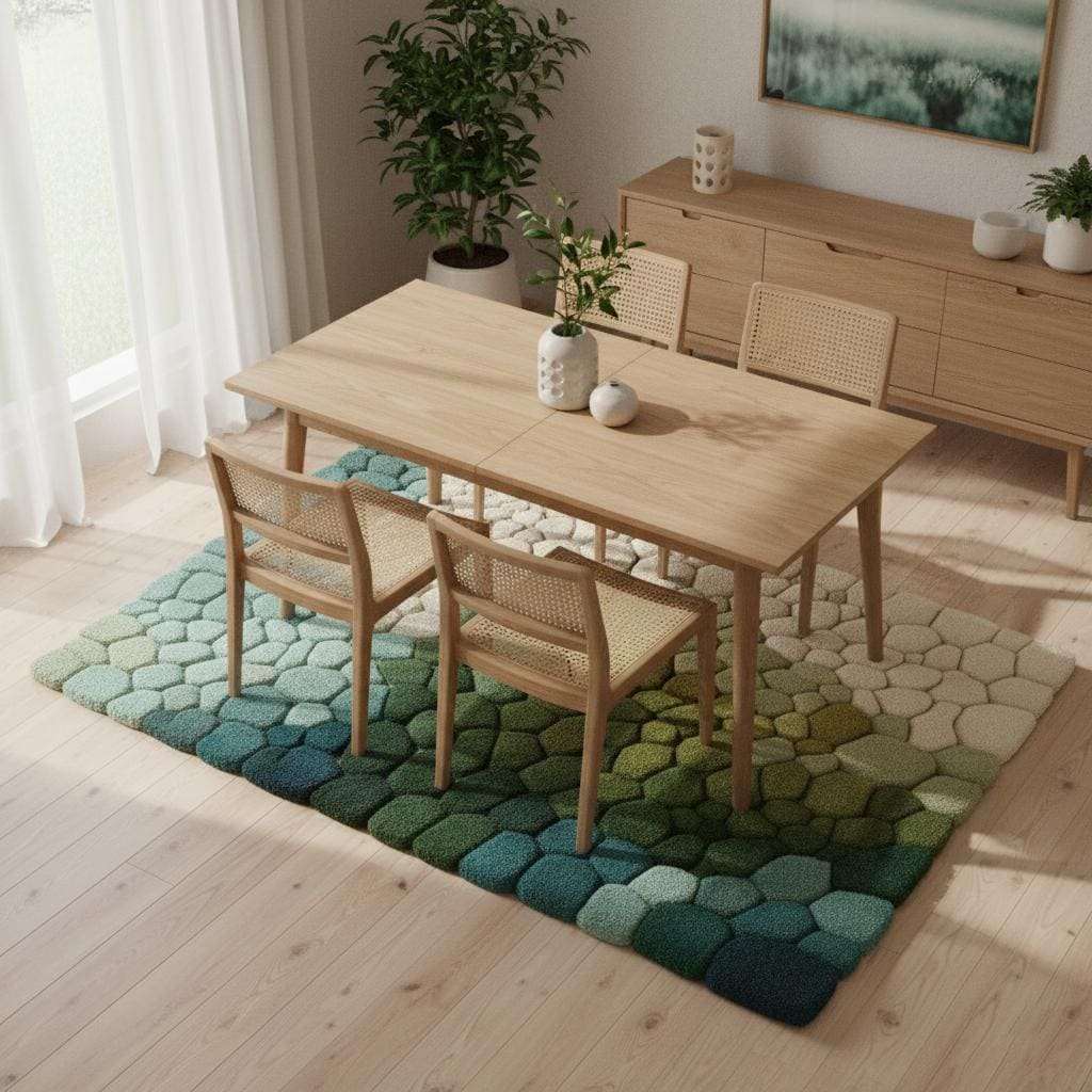 Hand-Tufted Pebble Rug with green, teal, mint, and cream gradient textured river stone design for modern organic interiors
