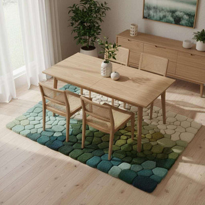Hand-Tufted Pebble Rug with green, teal, mint, and cream gradient textured river stone design for modern organic interiors