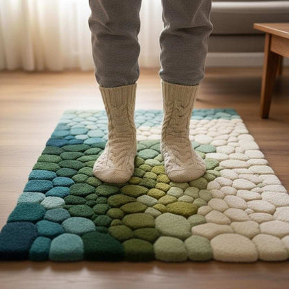 Hand-tufted pebble rug with 3D textured green, teal, and cream gradient for modern organic interiors