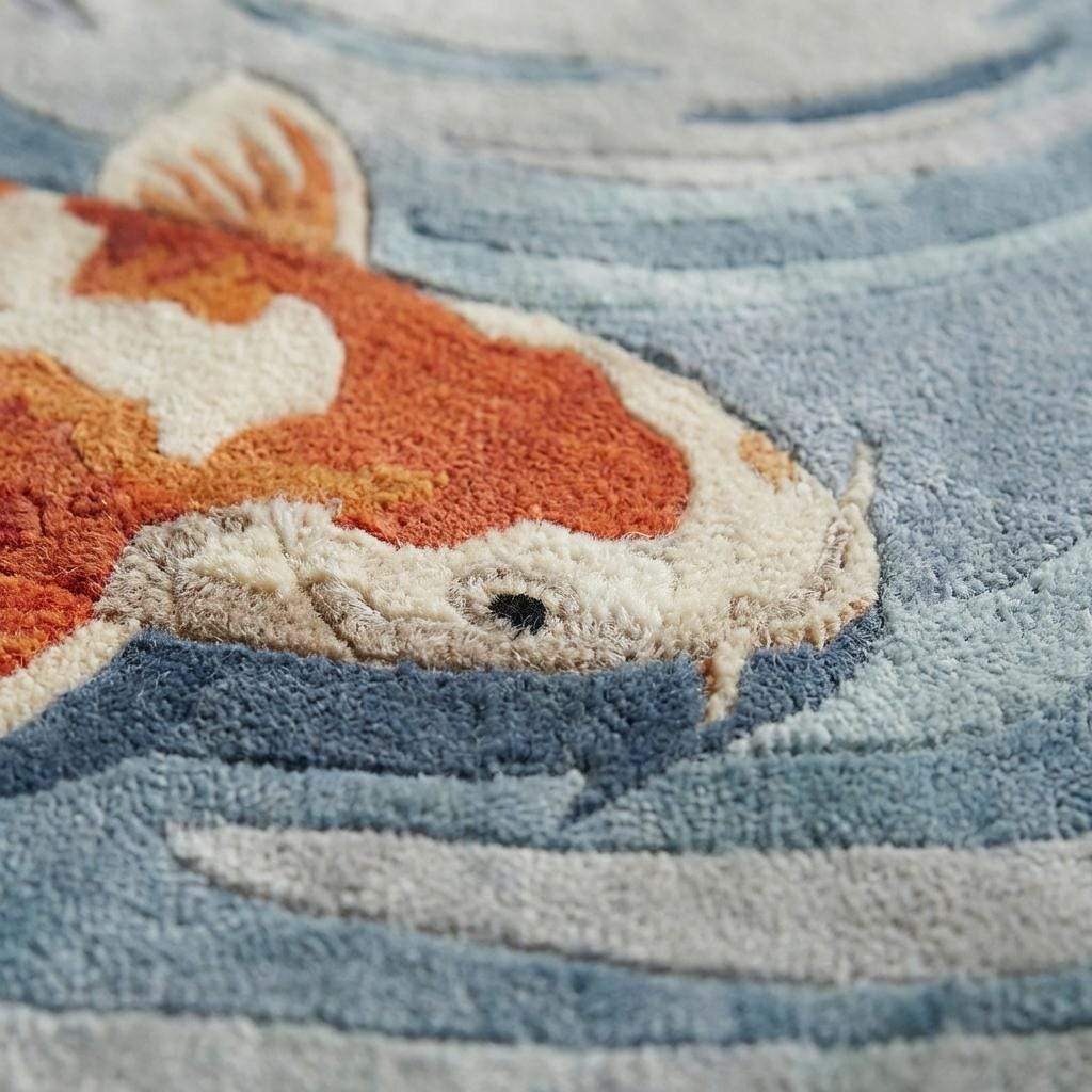 Hand Tufted Round Koi Fish Rug Blue Orange Decor