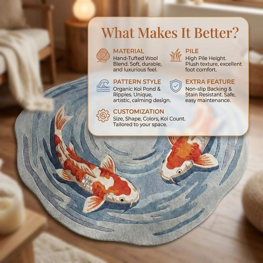 Hand Tufted Round Koi Fish Rug Blue Orange Decor