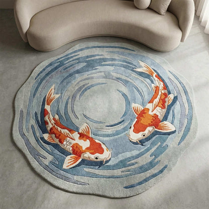 Hand tufted round koi fish rug with blue water and orange koi design