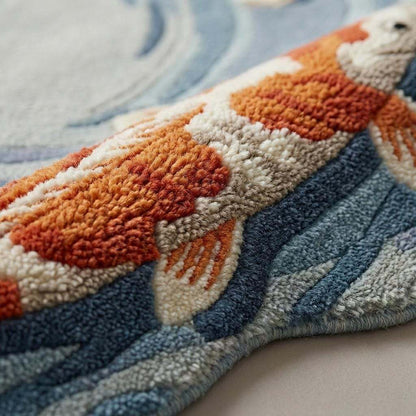 Close-up of hand tufted wool pile showing carved koi fish and water ripple texture