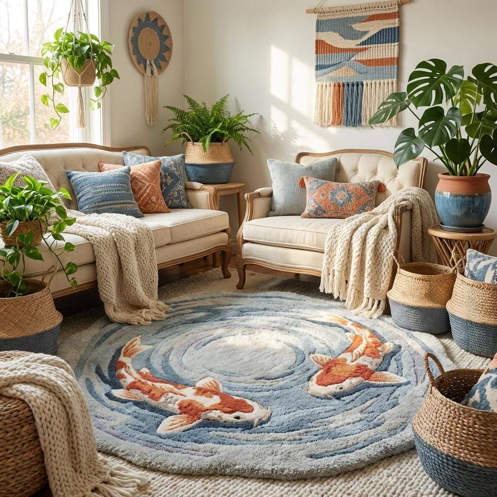 Blue and orange hand tufted round rug with artistic Japanese koi design
