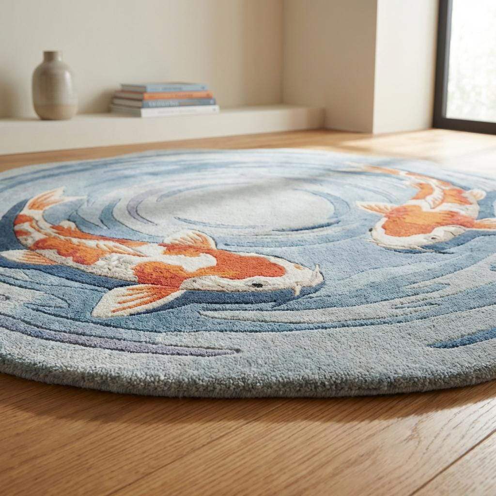 Hand Tufted Round Koi Fish Rug Blue Orange Decor