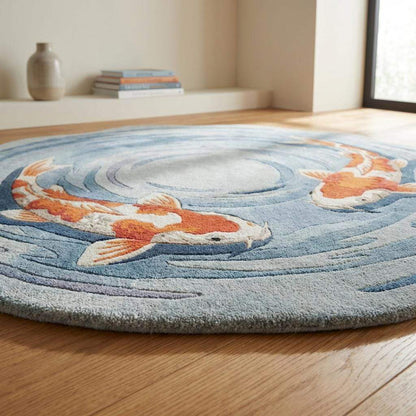 Hand Tufted Round Koi Fish Rug Blue Orange Decor