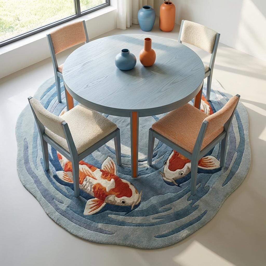 Hand Tufted Round Koi Fish Rug Blue Orange Decor