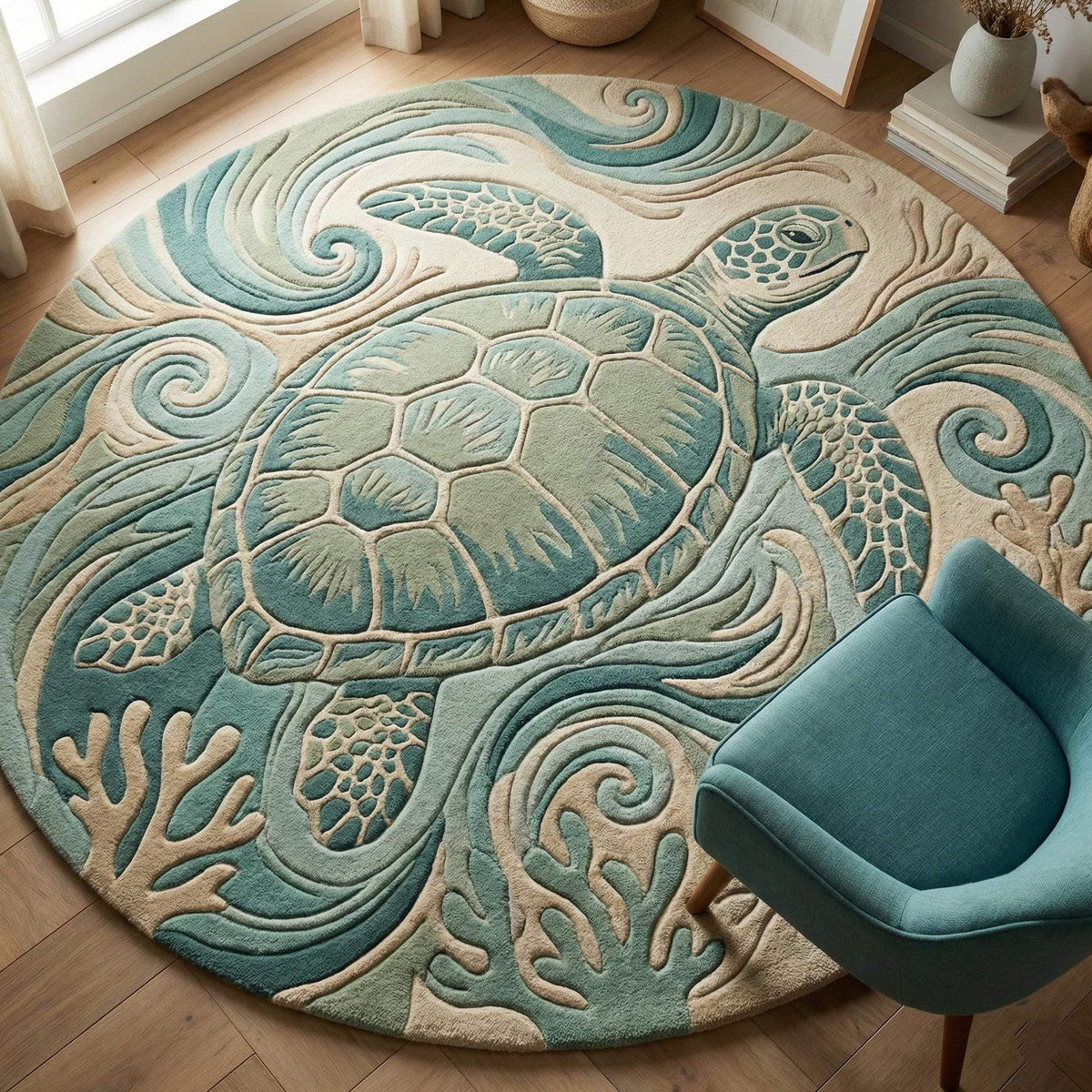Hand tufted round turtle rug with sculpted wool sea turtle design for coastal nursery and beach house decor