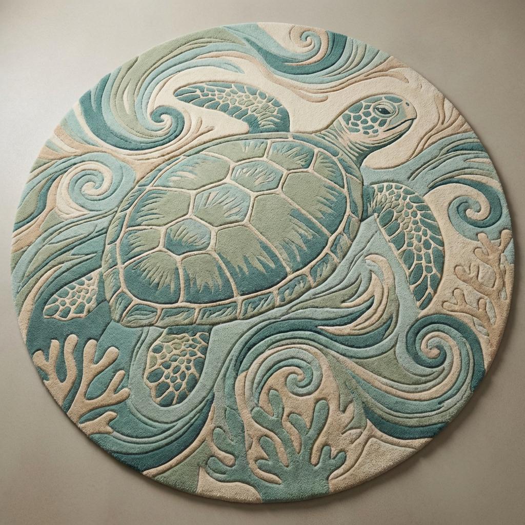 Large 6x6 round coastal area rug with sea turtle motif placed on wooden floor beside teal accent chair in modern living room.