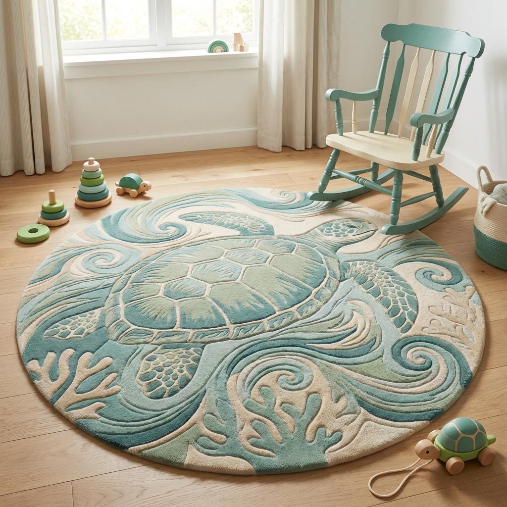 Teal and sage coastal turtle rug featuring dimensional carved pile and circular layout for nursery décor.