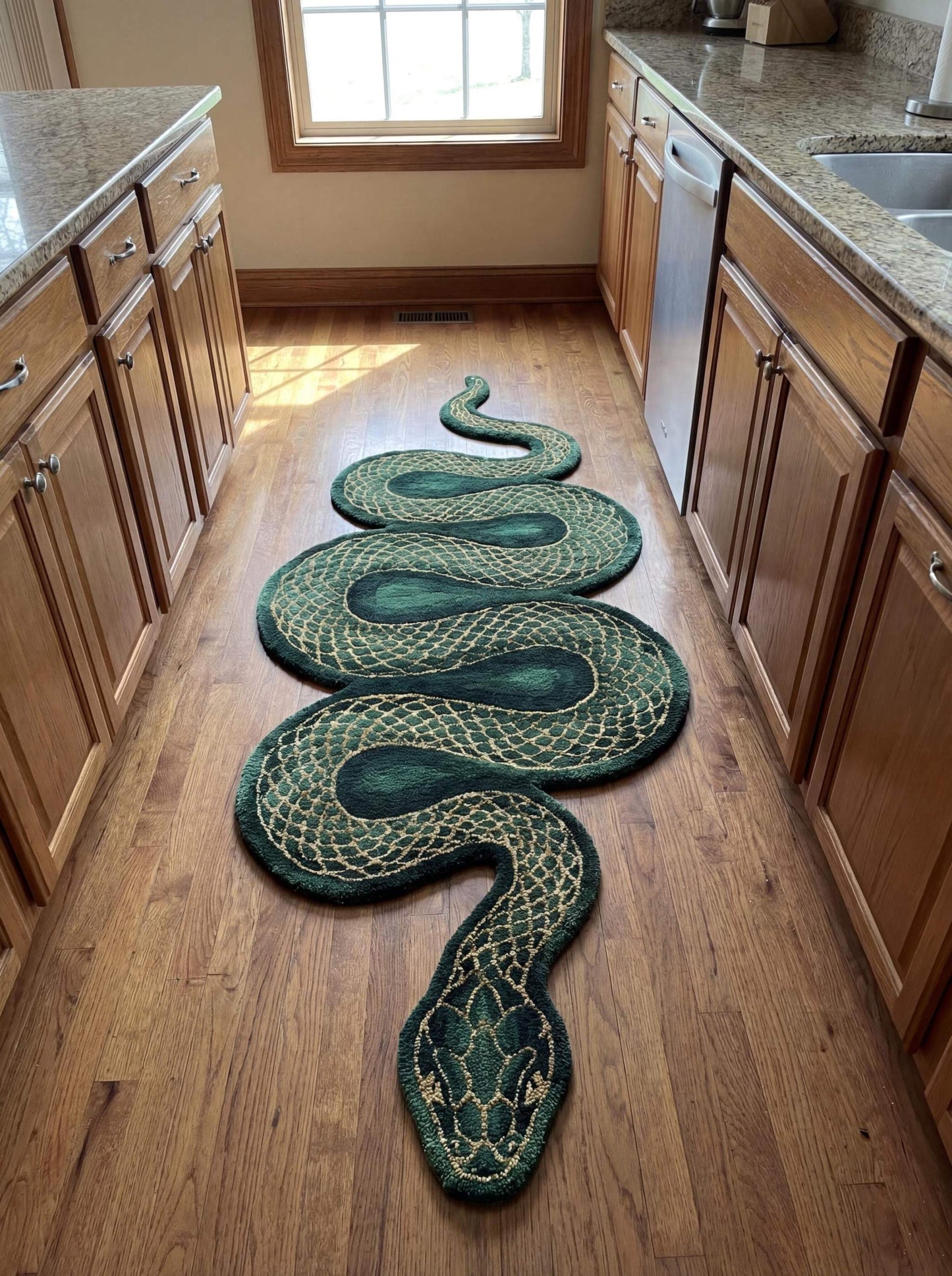 Hand tufted green snake rug shaped like a serpent runner placed in a kitchen hallway, unique animal design statement carpet __etsy:7840787545