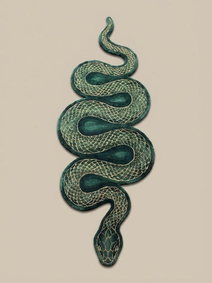 Unique serpent shaped runner rug in deep green with textured scale pattern designed as artistic animal decor rug __etsy:7792857322