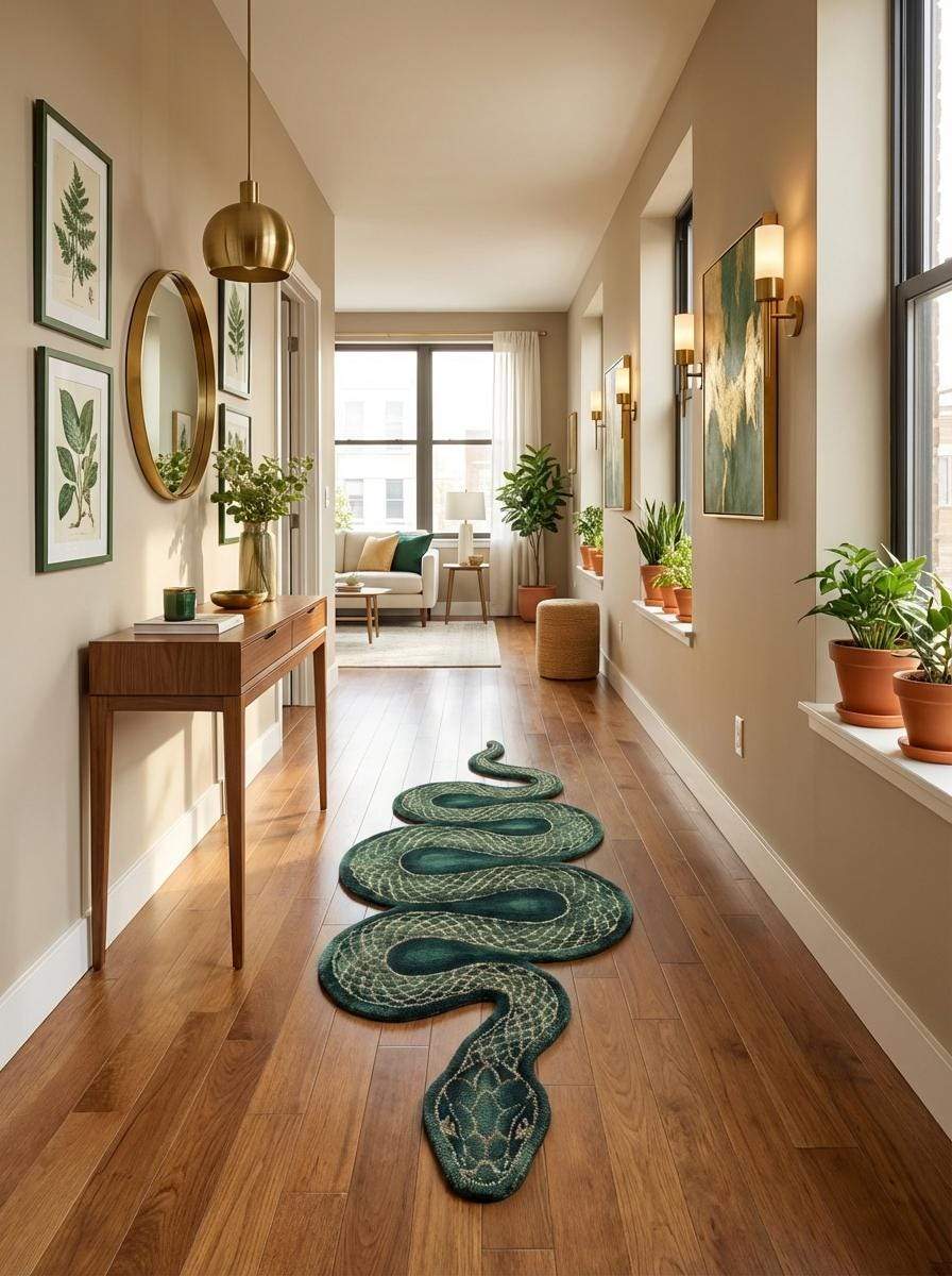 Modern snake runner rug with sculpted tufted wool design creating a bold statement hallway carpet __etsy:7840789069