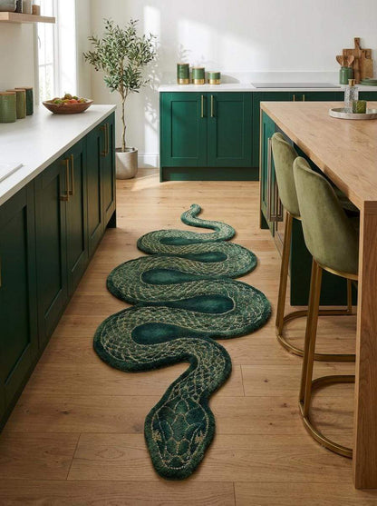 Green serpent rug with flowing snake body shape designed as a decorative animal runner rug __etsy:7792868528