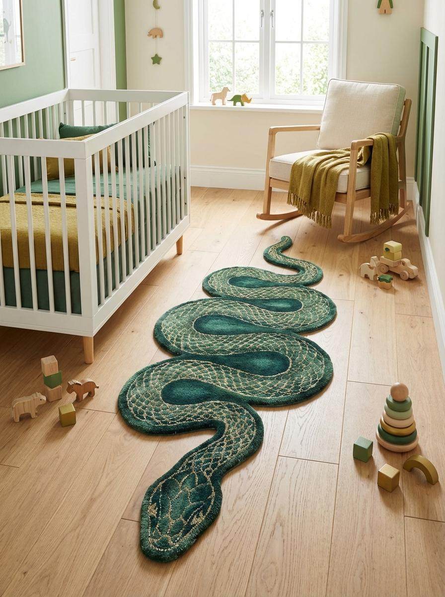 Artistic snake shape carpet runner used as statement floor decor in modern home interior __etsy:7840799941