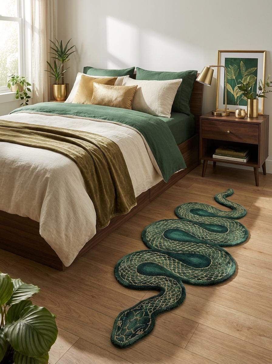 Hand Tufted Snake Rug, Green Serpent Runner Carpet, Animal Shape Statement Rug, Unique Kitchen Hallway Decor __etsy:7792868490