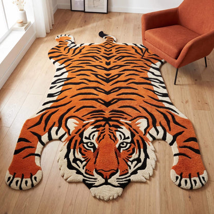 Hand tufted tiger shape rug in orange black and ivory placed on wooden floor in modern living room interior __etsy:7837880955