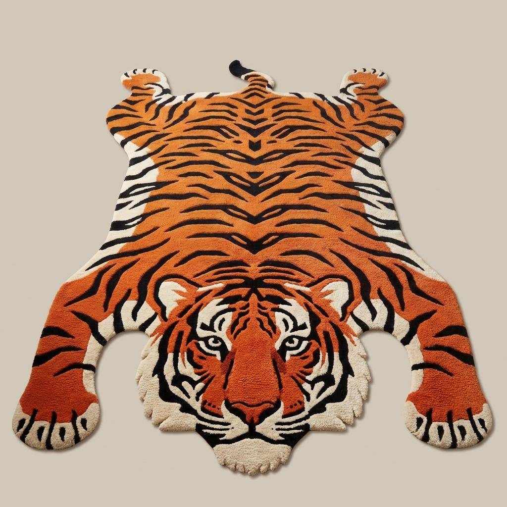 Large tiger shaped animal rug used as statement area carpet in modern living room with wooden flooring __etsy:7837881335